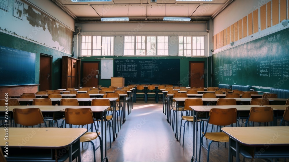 Desks and chairs in an empty class room in a high school Desks and chairs in an empty class room in a high school