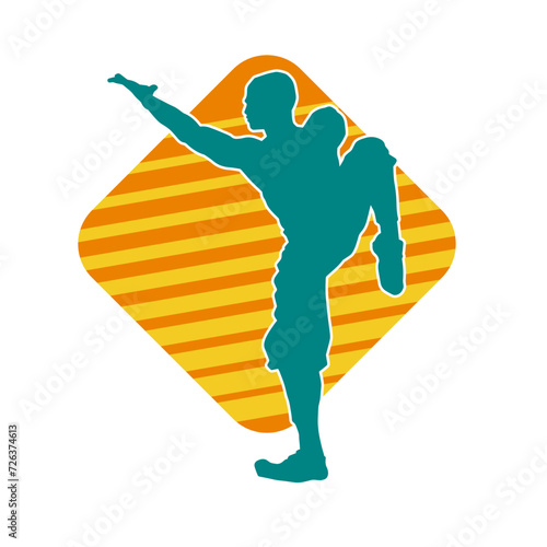 Silhouette of a man in oriental martial art pose. Silhouette of a male in martial art move.