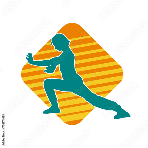 Silhouette of a man in oriental martial art pose. Silhouette of a male in martial art move.