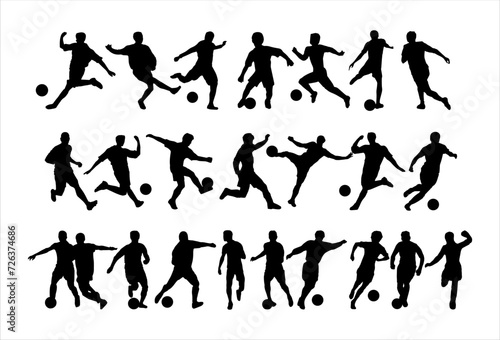 Silhouette of a football player with a ball. Athlete black stencil. Icon, football player logo. Vector illustration isolated white background.