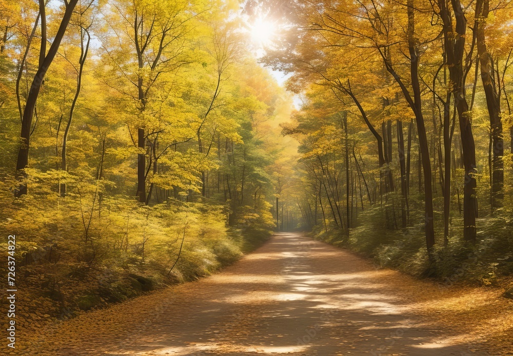 A pathway strewn with fallen autumn leaves meanders through a forest, surrounded by trees exhibiting the vibrant colors of fall. The warm sunlight filters through the foliage, casting dappled shadows. A pathway strewn with fallen autumn leaves meanders through a forest, surrounded by trees exhibiting the vibrant colors of fall. The warm sunlight filters through the foliage, casting dappled shadows.