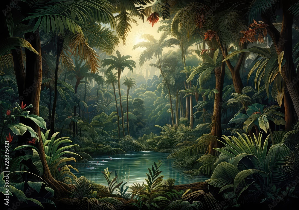 Fototapeta Wallpaper in watercolor style. Jungle landscape.