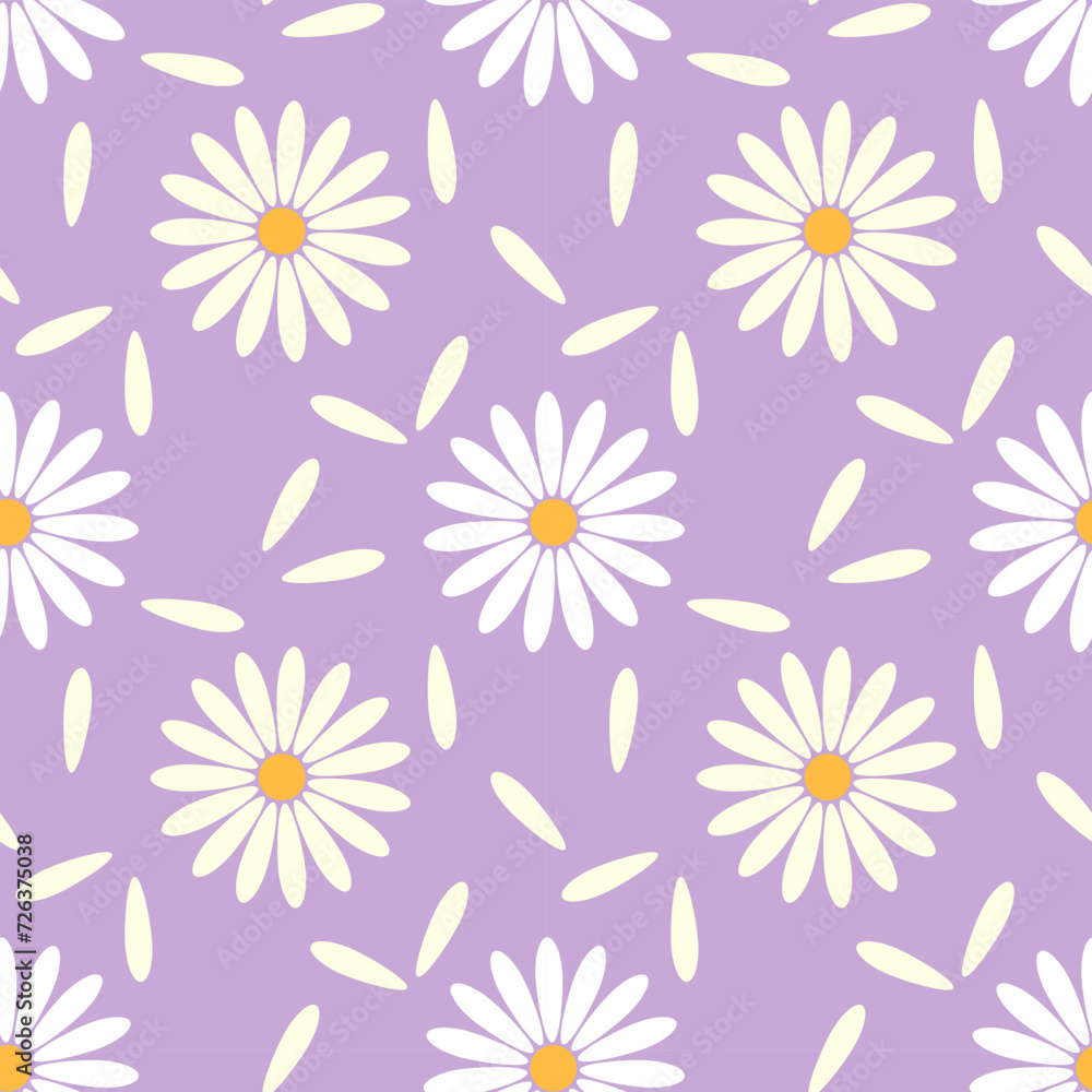 Seamless daisy chamomile pattern on pastel purple background.