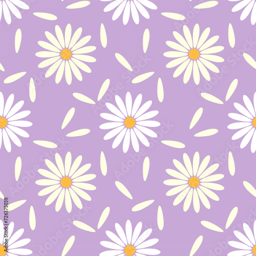 Seamless daisy chamomile pattern on pastel purple background.