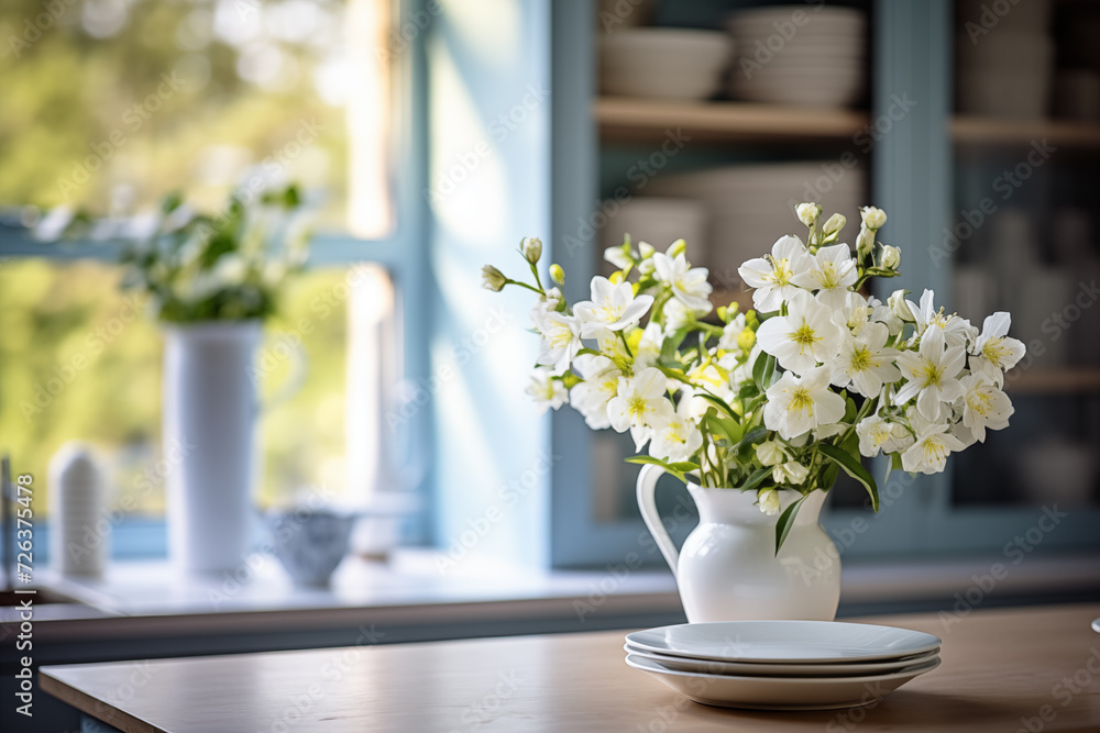 Bright kitchen interior, bouquet of white flowers and dishes. White day. Bright kitchen interior, bouquet of white flowers and dishes. White day.