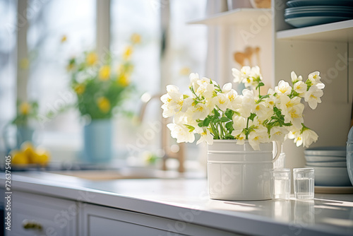 Bright kitchen interior, bouquet of white flowers and dishes. White day.