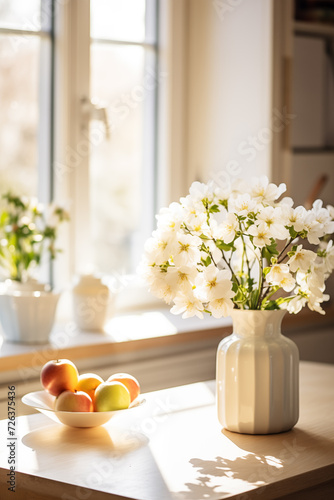Bright kitchen interior, bouquet of white flowers and dishes. White day.