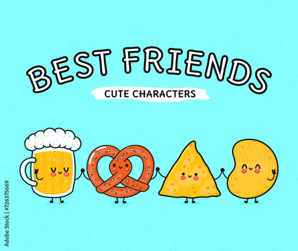 Cute, funny happy glass of beer, nachos, chips, pretzel. Vector hand drawn cartoon kawaii characters, illustration icon. Funny cartoon glass of beer, nachos pretzel chips mascot friends concept Cute, funny happy glass of beer, nachos, chips, pretzel. Vector hand drawn cartoon kawaii characters, illustration icon. Funny cartoon glass of beer, nachos pretzel chips mascot friends concept