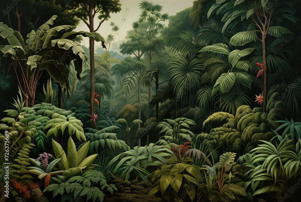 Fototapeta premium Wallpaper in watercolor style. Jungle landscape.