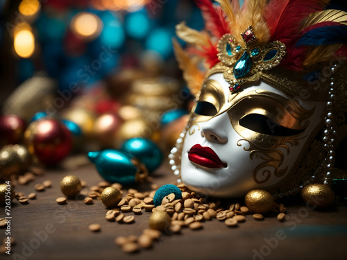 carnival masks on carnival background, purim celebration, mardi gras, masquerade and confetti © Anna