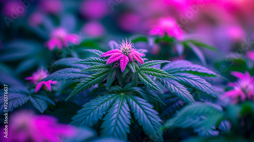AI generated illustration of a cannabis plant in bloom with vivid pink hues