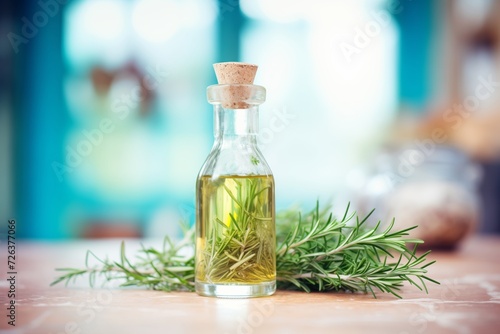 transparent glass bottle of rosemary oil with sprigs in sharp focus