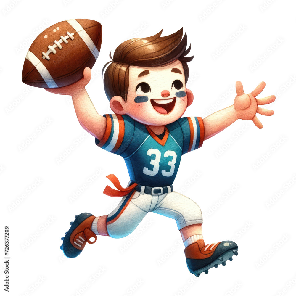 Watercolor cute american football player holding a ball and celebrating. American Football competition. American Football element clipart.