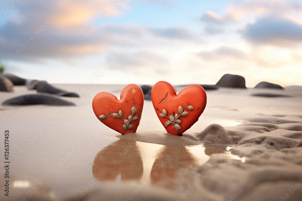 Fototapeta premium two red heartshaped stones on sandy shore, waves in background