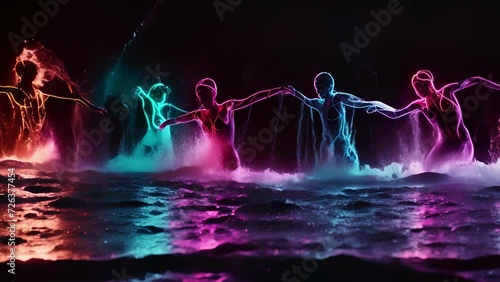 The neon outline of a synchronized swimming routine with the water and movement creating a stunning visual spectacle.