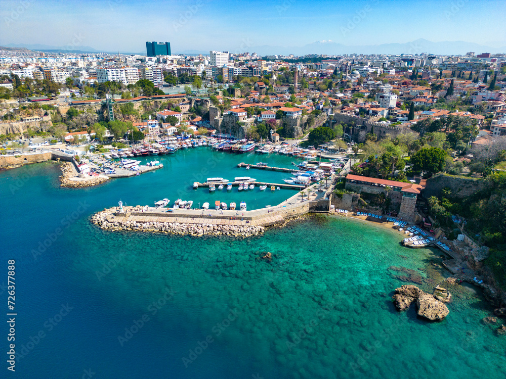 The bay in the city of Antalya from a height on a sunny day in Turkey. Photo from the drone