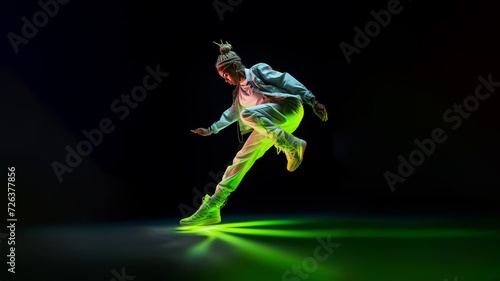 Wallpaper Mural Dance in Flight, An energetic leap frozen in silhouette, embodying the spirit of a passionate hip-hop performance on a vivid saturated green neon background. Generative AI. Torontodigital.ca