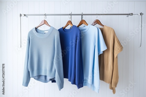 various shades of blue sweaters hanging on separate hooks © studioworkstock