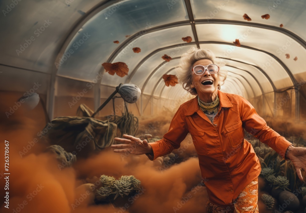 A cheerful elderly woman breathes life into primitive organisms in a green room on Mars, showcasing the joy and vibrancy of extraterrestrial horticulture and the exploration of new frontiers.Generated