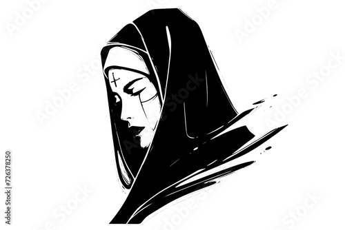 Nun woman sketch logotype in retro style. Vector engraved style illustration. photo