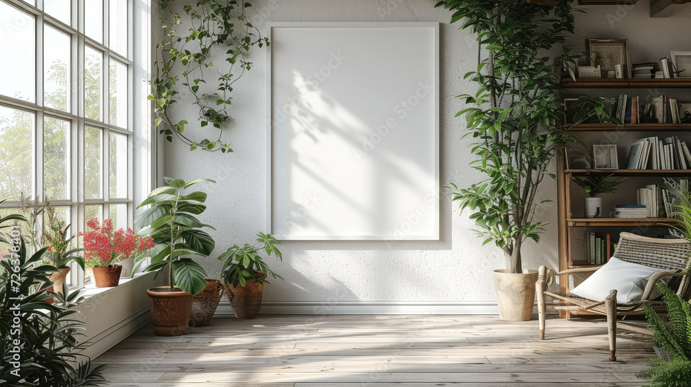 Interior poster mockup with vertical wooden frame decorated with big green plant in woven planter and hanging pot with white flowers. Modern green chair with blanket.