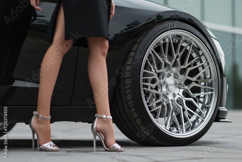 woman with high heels standing beside lowprofile tire and rim