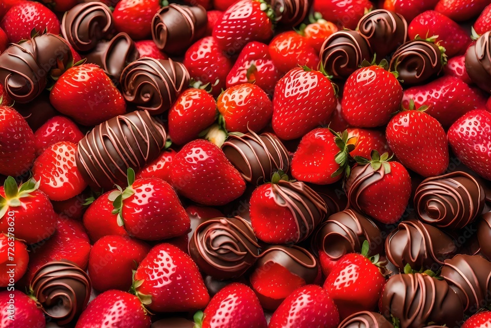 chocolate strawberries with nuts and red ajar drops on the cream cake with chocolate streams on the cake abstract background view and Christmas background 