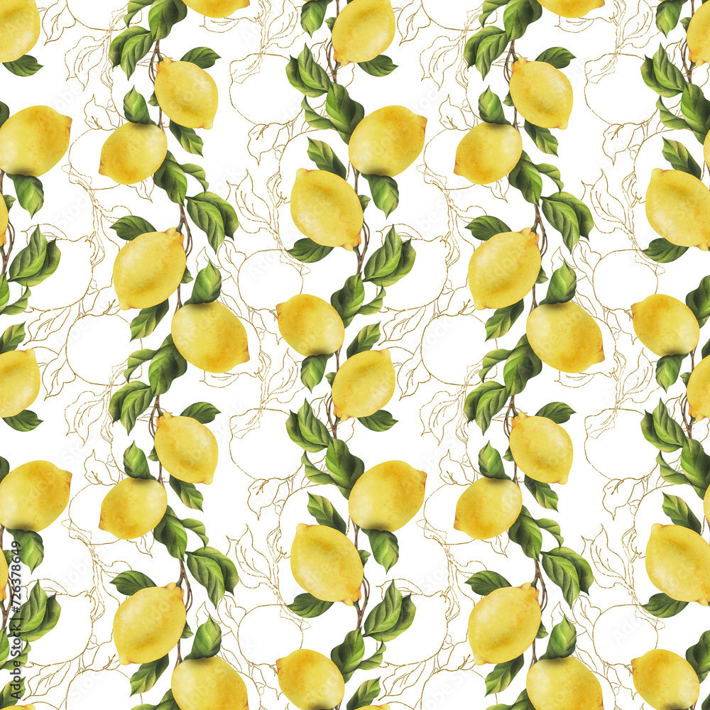 Lemons are yellow, juicy, ripe with green leaves, flower buds on the branches, whole and slices. Watercolor, hand drawn botanical illustration. Seamless pattern on a white background.