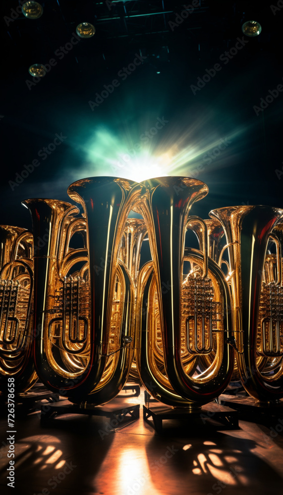 trumpet, French horn, and trombone, and the tuba.
Brass instrument - obrazy, fototapety, plakaty 