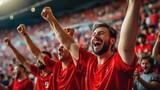 Sport Stadium Soccer Match: Diverse Crowd of Fans Cheer for their Red Team to Win. People Celebrate Scoring a Goal.Generative AI