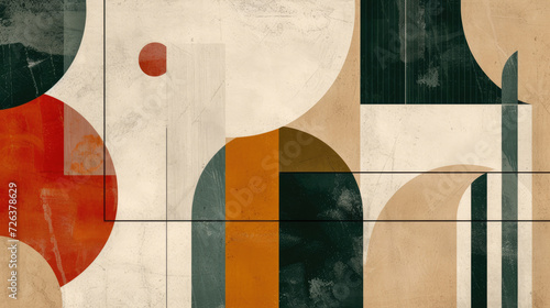 Abstract background in trendy Bauhaus style, combining sandy beige earth tones, forest green and burnt sienna with geometric shapes and bold lines