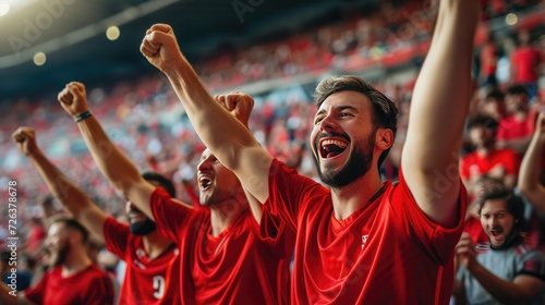 Sport Stadium Soccer Match: Diverse Crowd of Fans Cheer for their Red Team to Win. People Celebrate Scoring a Goal.Generative AI