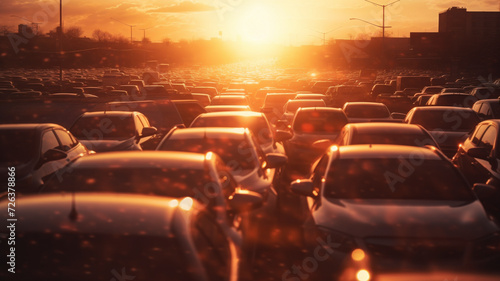 Car roof tops in large traffic jam illuminated by setting Sun