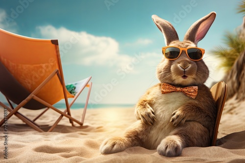 Cool Easter bunny with sunglasses enjoying a cocktail at the beach bar.