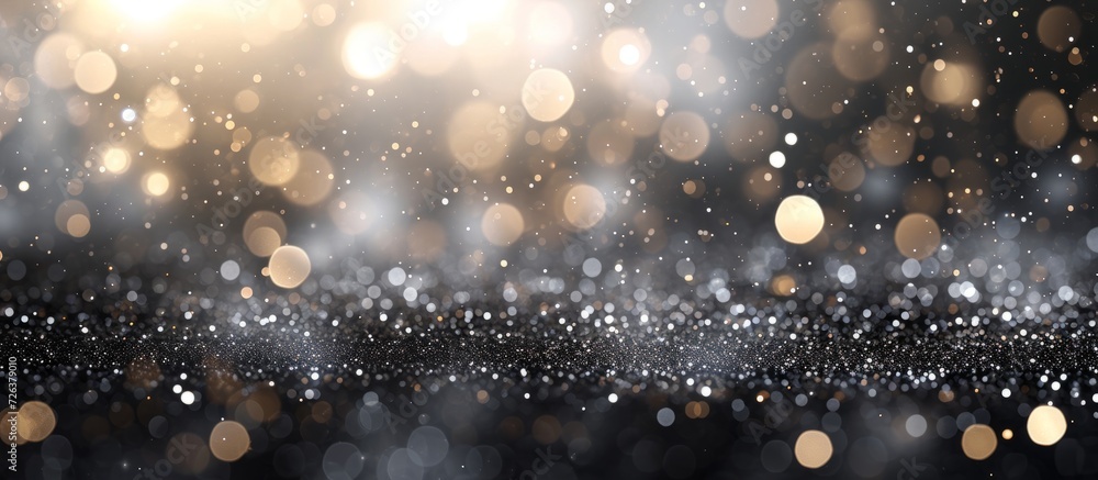 Obraz premium Christmas-themed abstract background with sparkling black and white/silver glitter and an elegant touch, featuring magical dust particles and a bokeh effect.