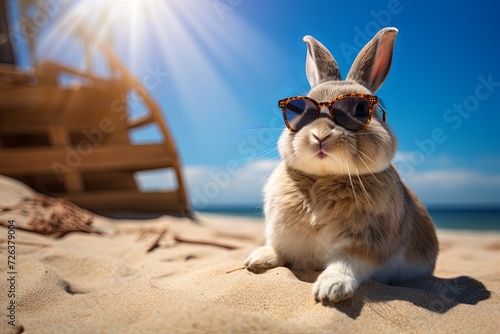 Cool Easter bunny with sunglasses enjoying his vacation on the beach.