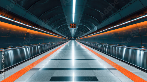 Underground subway station hallway tunnel with escalator. Abstract perspective view.Generative AI