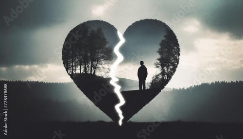 Broken heart silhouette,depression concept, abstract image with double exposure blur of a sad man. photo