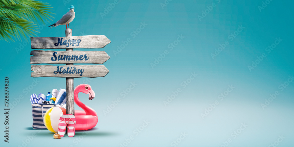 Obraz premium Happy Summer Holiday banner with signpost
