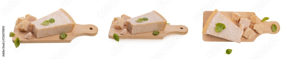 Slices of parmesan cheese on an isolated png transparent wooden board. grana padano cheese with fresh green basil leaves. set of photos for packaging