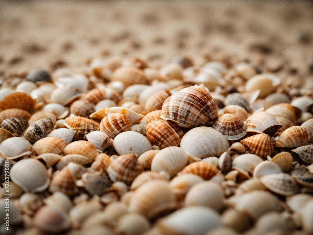 macrophoto seashell scattering, shells, summer background, photography