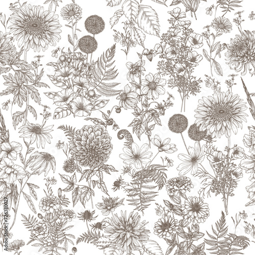 Seamless vector pattern autumn flowers. Dahlia, cosmos, zinnia, marigold, calendula, rudbeckia, gladiolus, datura, eryngium, allium, chrysanthemum, lobelia, gerbera, eschscholzia in engraving style