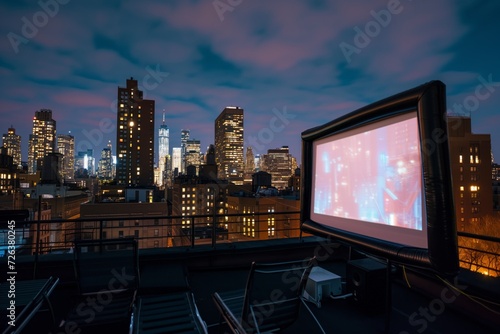 rooftop movie night with projector screen and city lights behind
