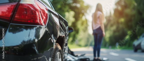 A car's crumpled rear after a collision, with a distressed woman standing ahead, blurred amidst sunlit trees