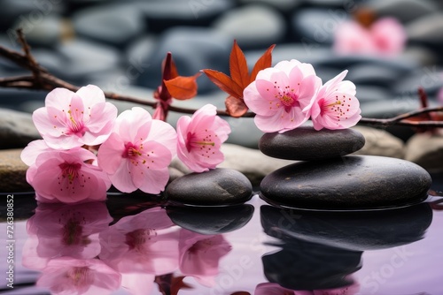 Serenity in Bloom: Zen Stones with Spring Cherry Blossoms - Generative AI