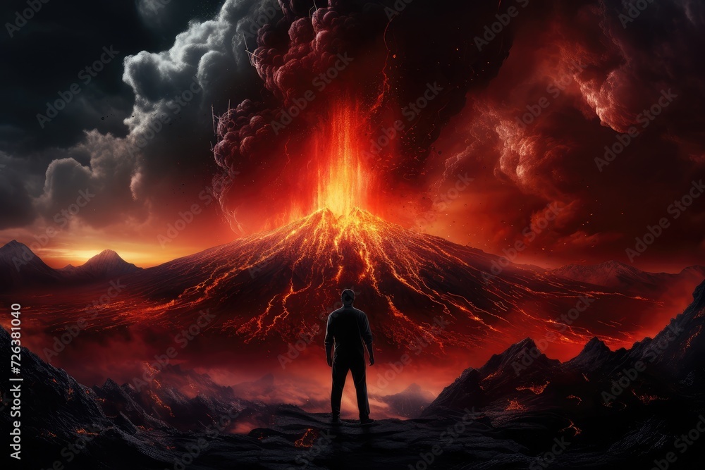 Apocalyptic Vision: Lone Observer Witnesses Volcanic Fury - Generative AI