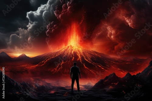 Apocalyptic Vision: Lone Observer Witnesses Volcanic Fury - Generative AI