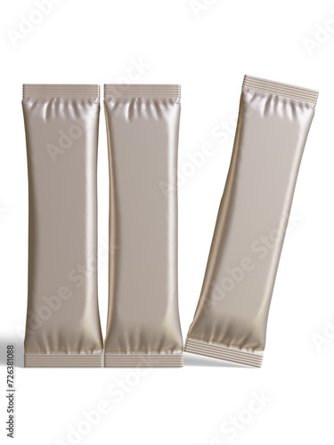 Blank foil package for design, long stick plastic pack for sugar, instant drink in 3d rendering illustration
