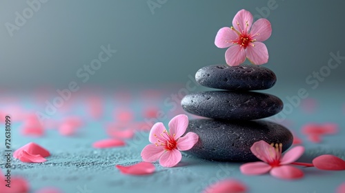 Pebbles balancing  with flowers background. Sea pebble. Colorful pebbles. For banner  wallpaper  meditation  yoga  spa  the concept of harmony  ba lance. Copy space for text