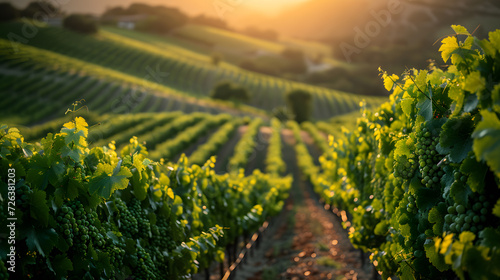 A photo of rolling vineyards, with lush green vines as the background, during grape harvest season